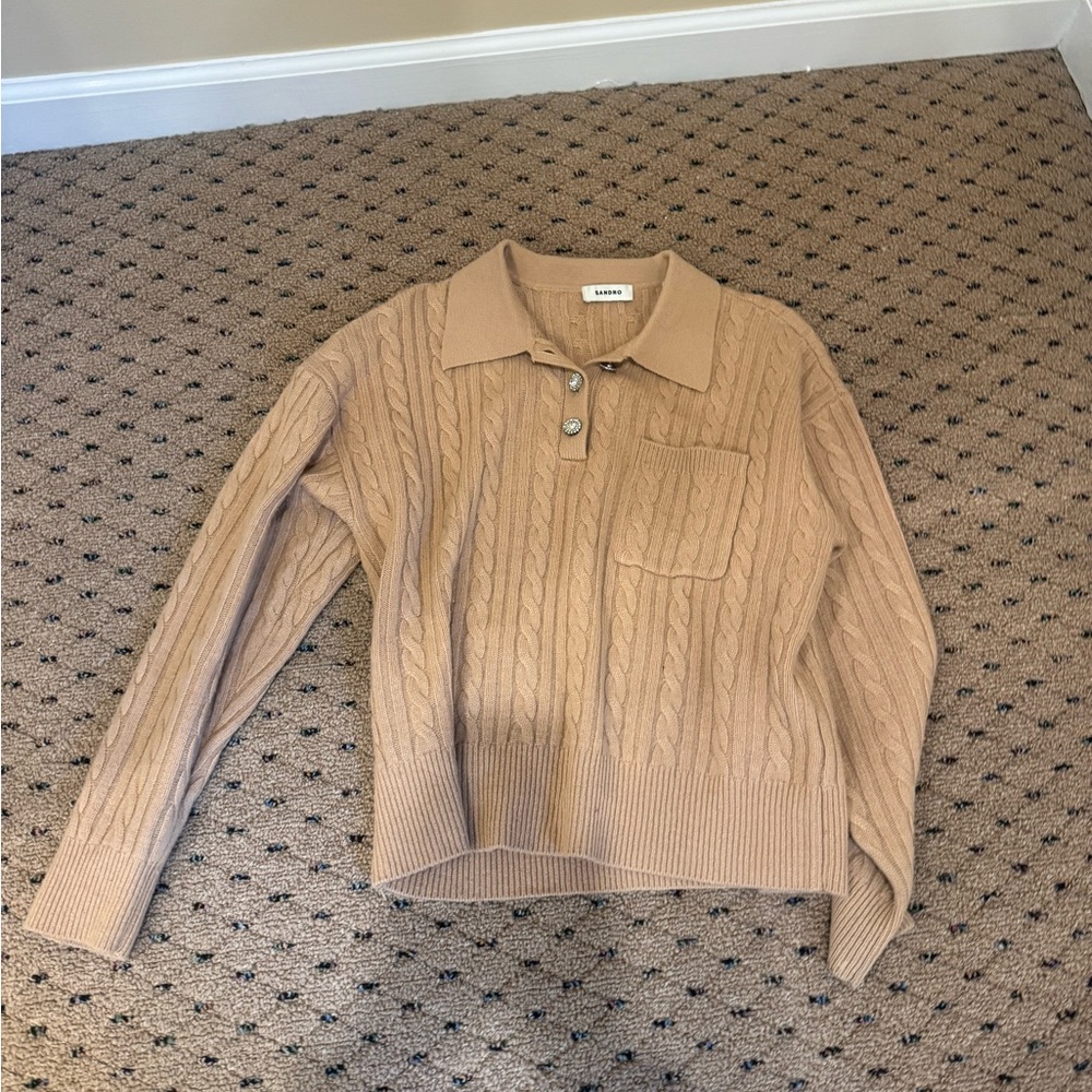 Sandro Tan Crew Neck Sweater with Cable Knit Design